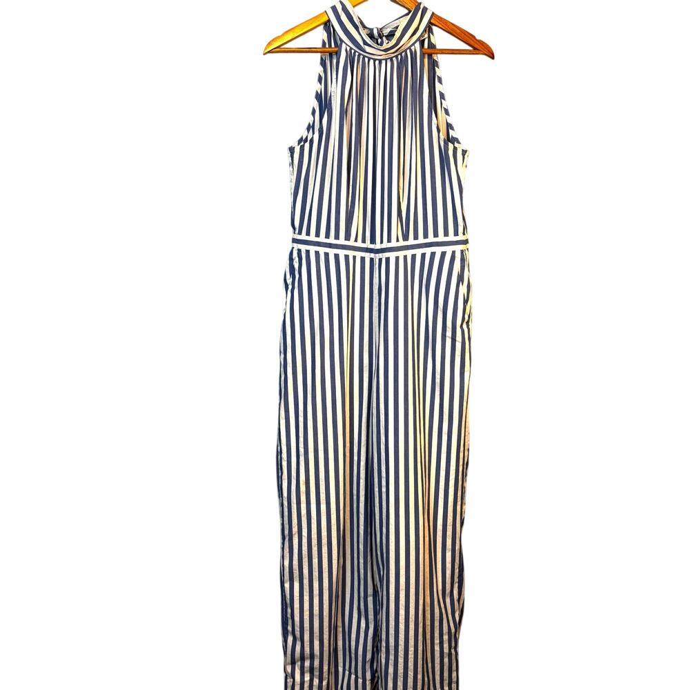 J. Crew Blue White Pinstripe Jumpsuit Halter High Neckline Wide Leg Crop 8